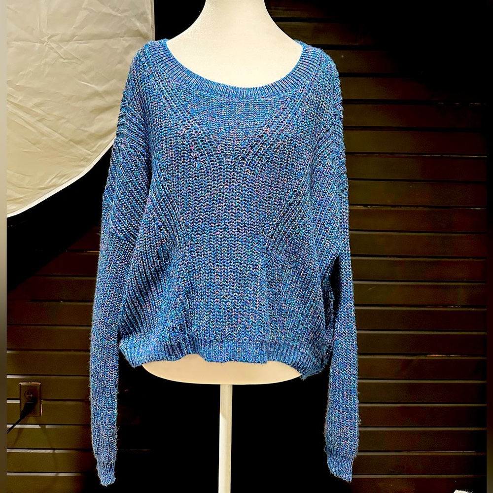 Express sweater size small, blue multicolor, crisscross openings design up back